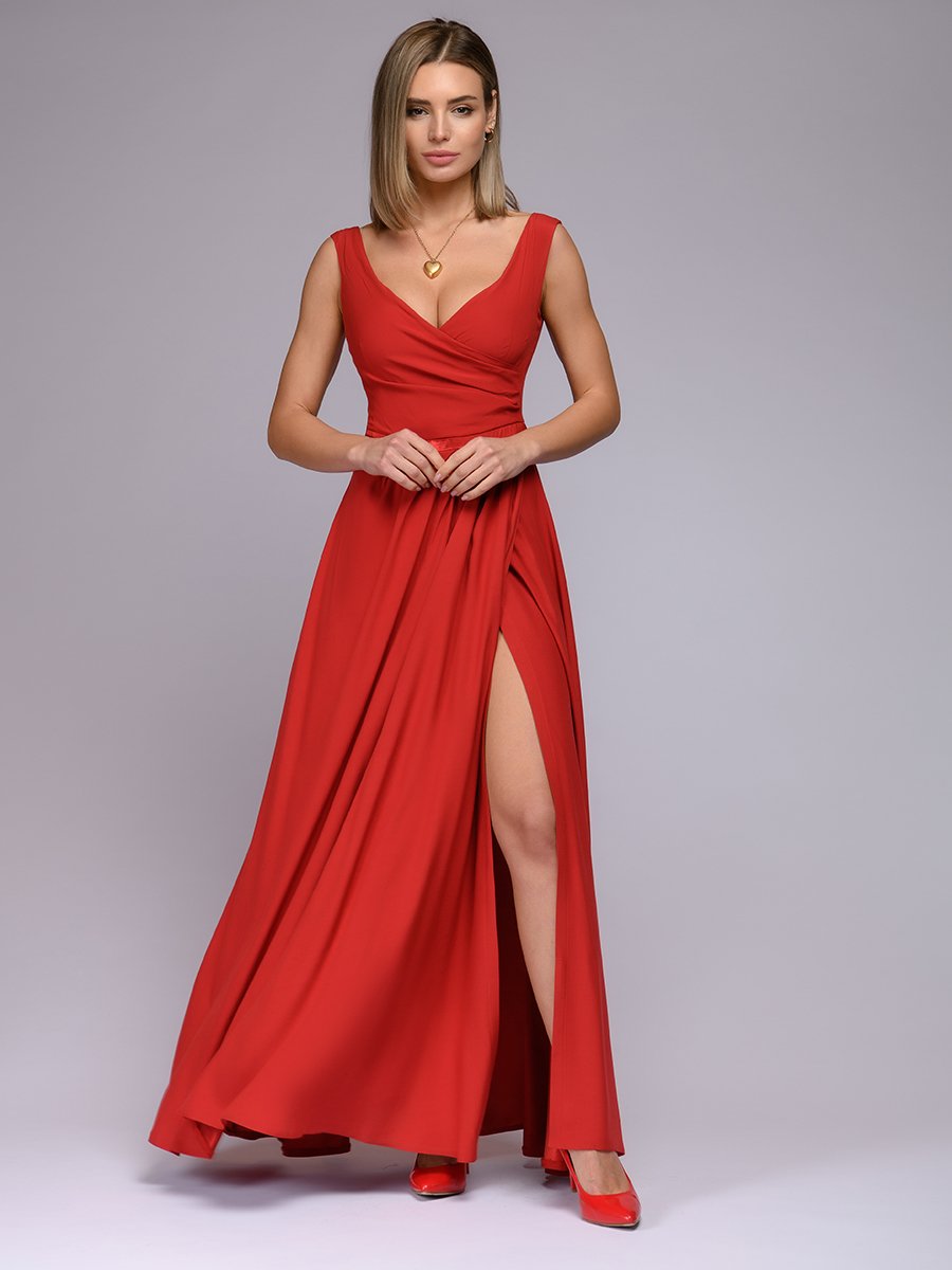 Платье красное длины макси с разрезом на юбке 1001DRESS арт.0122001-01306RE оптом_фото1
