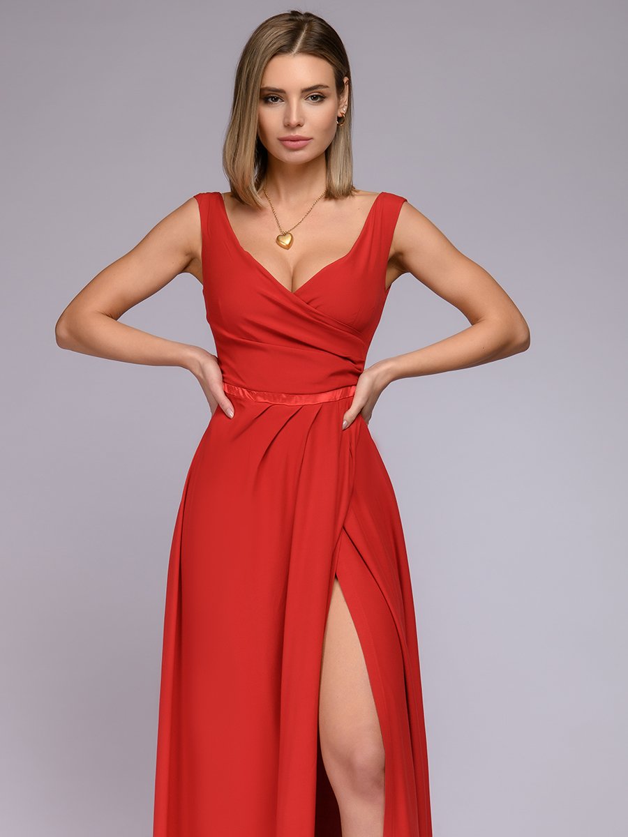 Платье красное длины макси с разрезом на юбке 1001DRESS арт.0122001-01306RE оптом_фото2