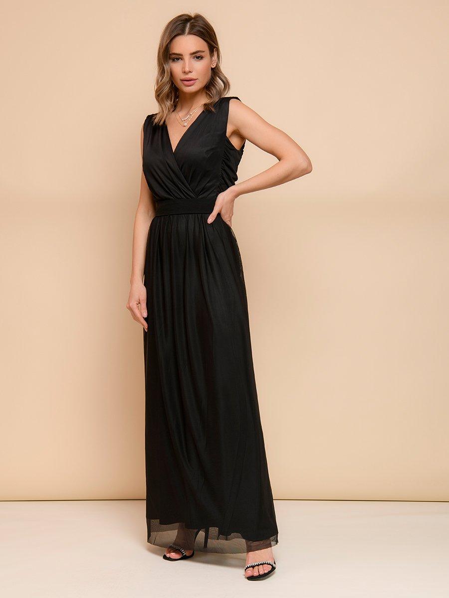 Платье черное с фатиновым верхом длины макси 1001DRESS арт.0132101-02392BK оптом_фото2