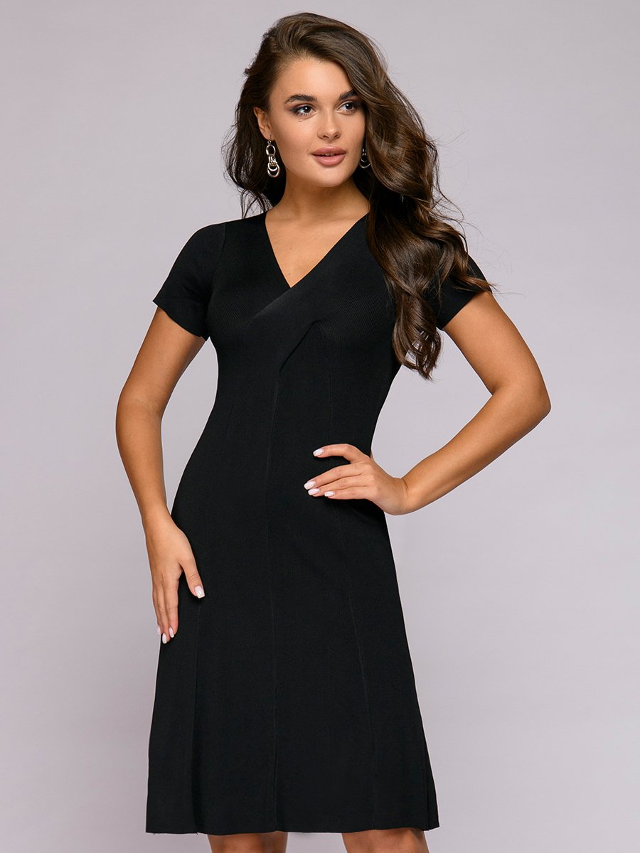 Платье черное с глубоким вырезом и короткими рукавами 1001DRESS арт.0122001-30087BK оптом_фото1