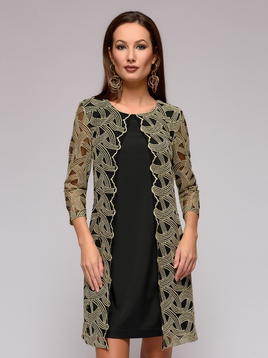 Платье черное длины мини с золотой вышивкой и рукавами 3/4 1001DRESS арт.DM01419BK оптом_фото1