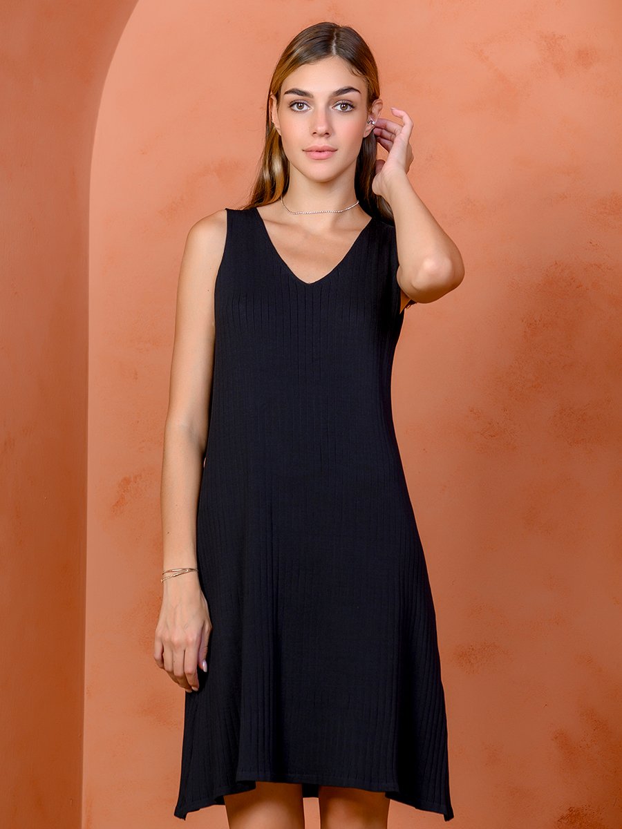 Платье черное длины миди без рукавов с v-образным вырезом 1001DRESS арт.0142101-30201BK оптом_фото1