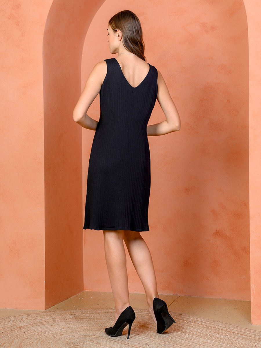 Платье черное длины миди без рукавов с v-образным вырезом 1001DRESS арт.0142101-30201BK оптом_фото3