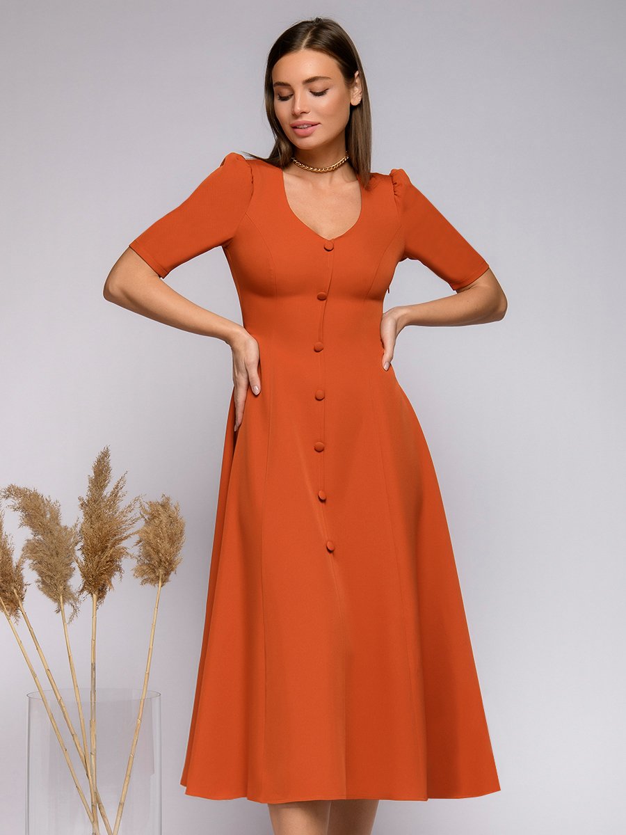 Платье терракотовое длины миди с короткими рукавами 1001DRESS арт.0142101-02522TC оптом_фото2