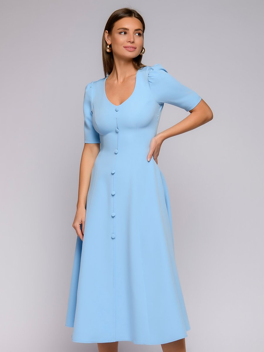 Платье голубое длины миди с короткими рукавами 1001DRESS арт.0142101-02522BL оптом_фото1