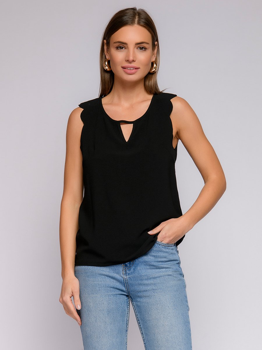 Блуза черная без рукавов с фигурным краем 1001DRESS арт.0142107-30210BK оптом_фото1
