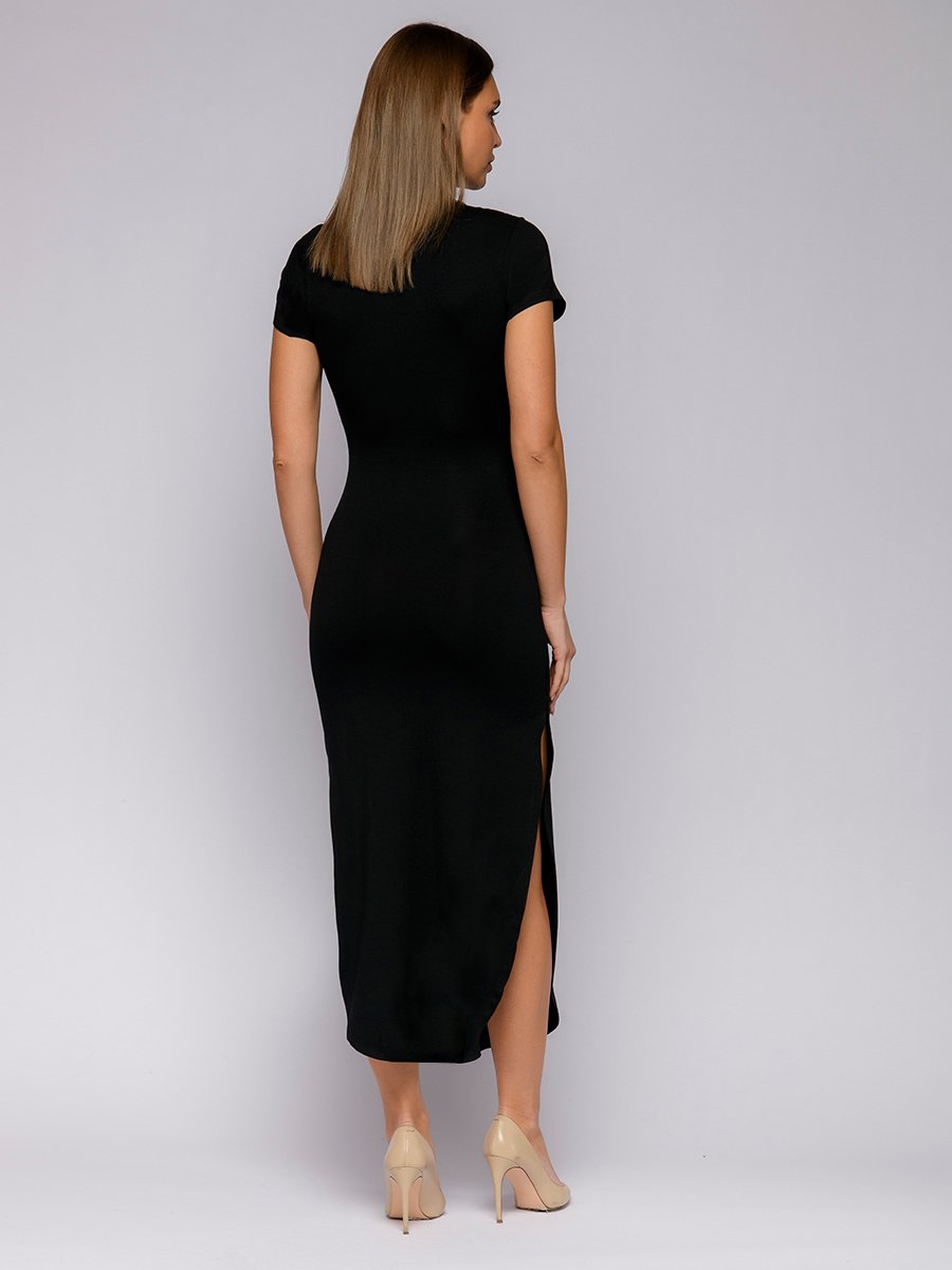 Платье черное длины миди с коротким рукавом и воротником стойка 1001DRESS арт.0142101-30207BK оптом_фото3