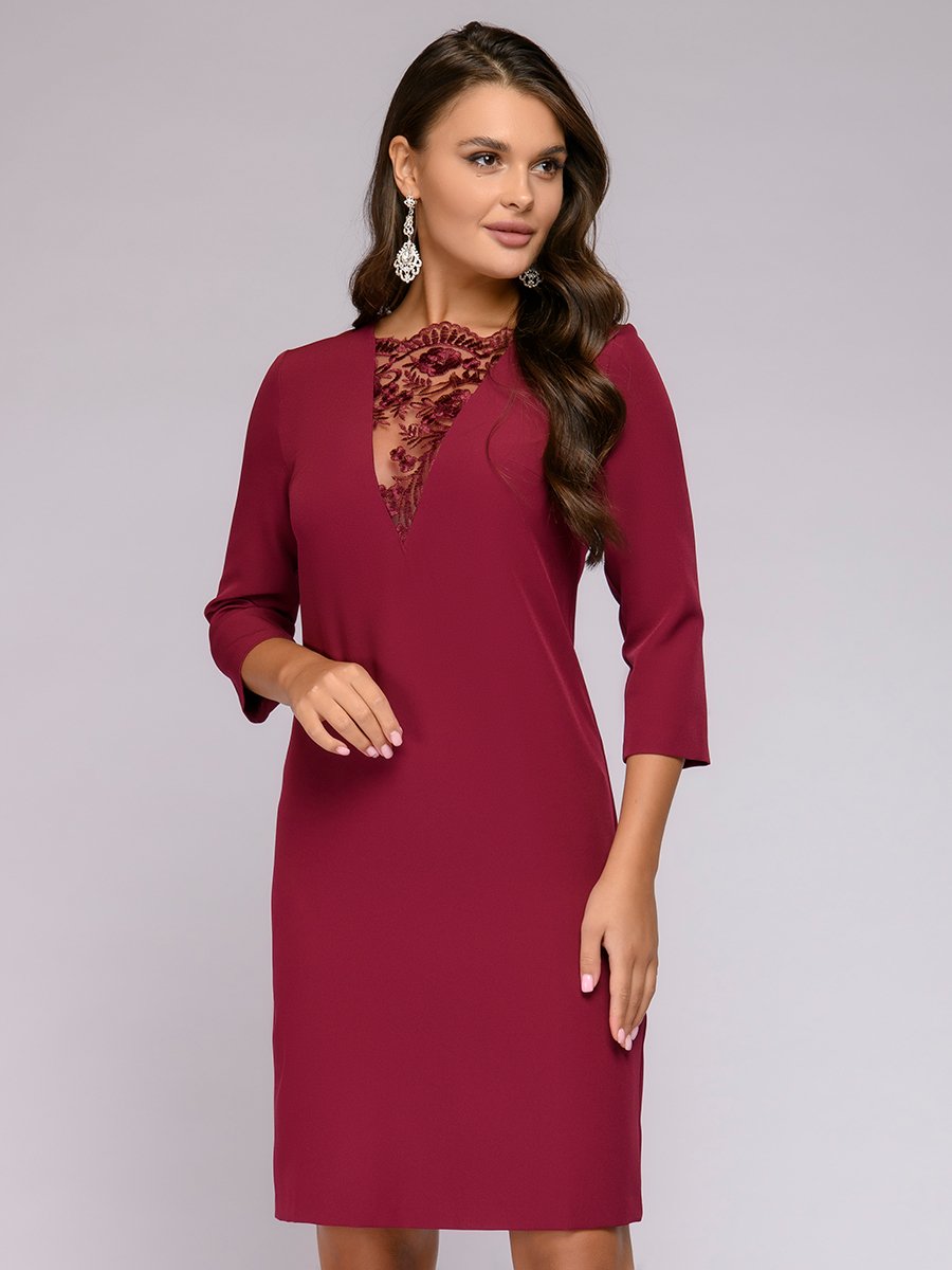 Платье бордовое с рукавами 3/4 и кружевной вставкой 1001DRESS арт.0122001-02342BO оптом_фото1