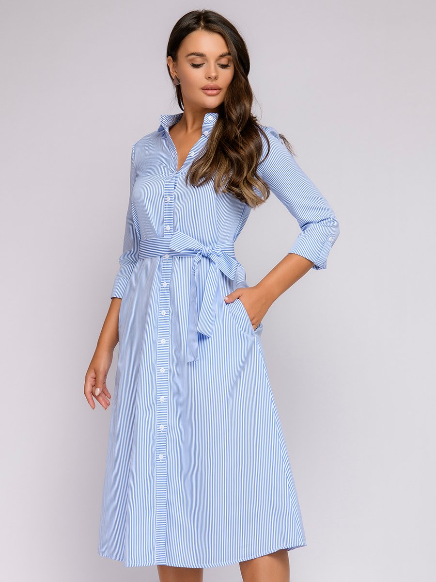 Платье-рубашка в бело-голубую полоску с рукавами 1001DRESS арт.0112001-01983BL оптом_фото1