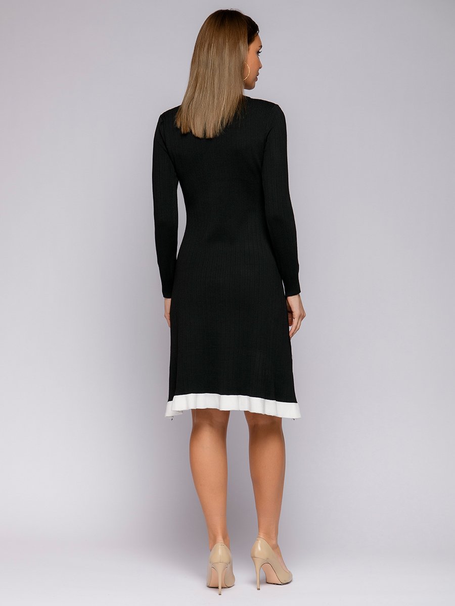 Платье черное длины миди с длинными рукавами и контрастной полосой по подолу 1001DRESS арт.0142101-30197BK оптом_фото3