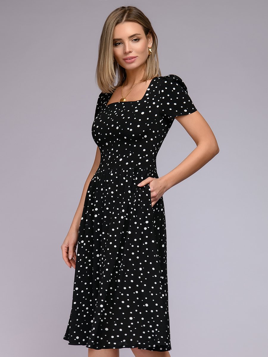 Платье черное в горошек длины миди с короткими рукавами 1001DRESS арт.0122001-02222BK оптом_фото2