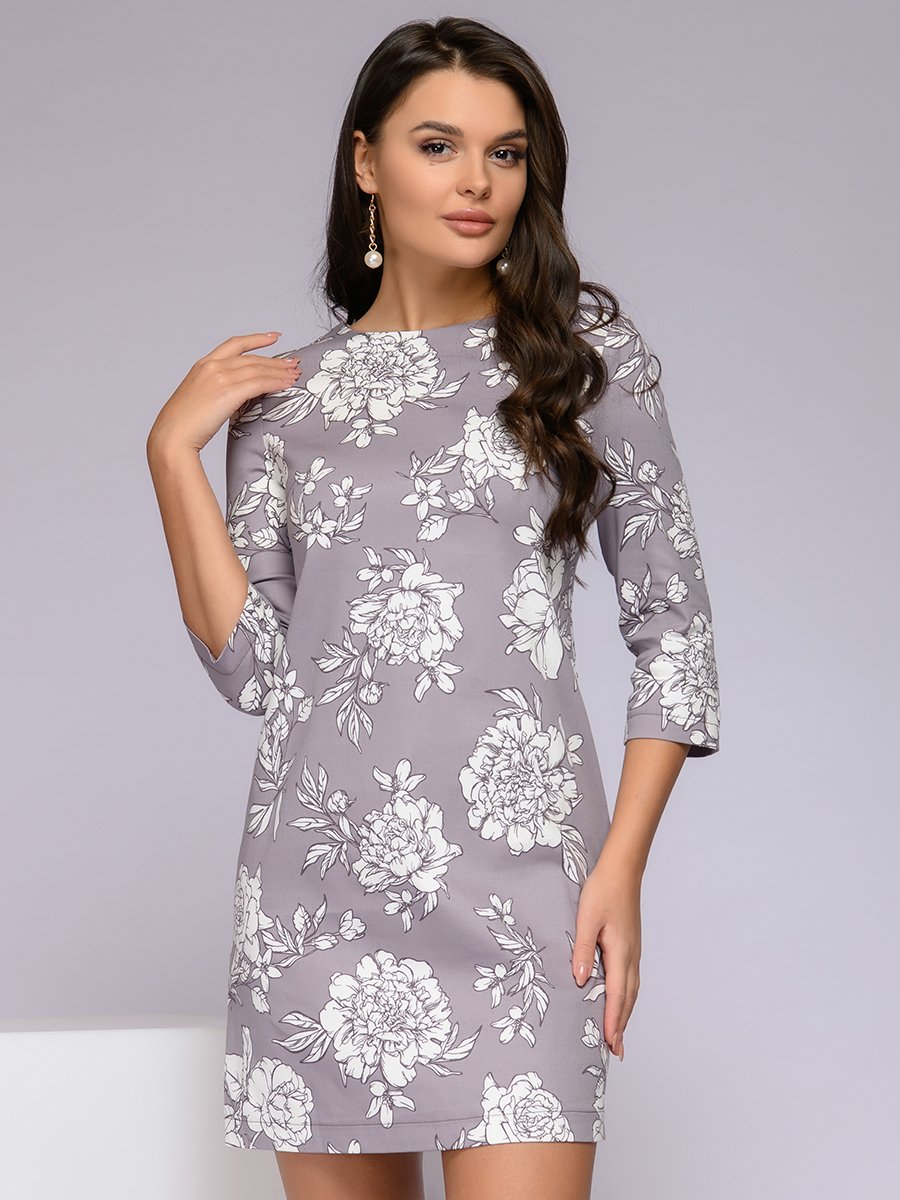 Платье длины мини серое с цветочным принтом и рукавами 3/4 1001DRESS арт.0122001-02198GY оптом_фото2