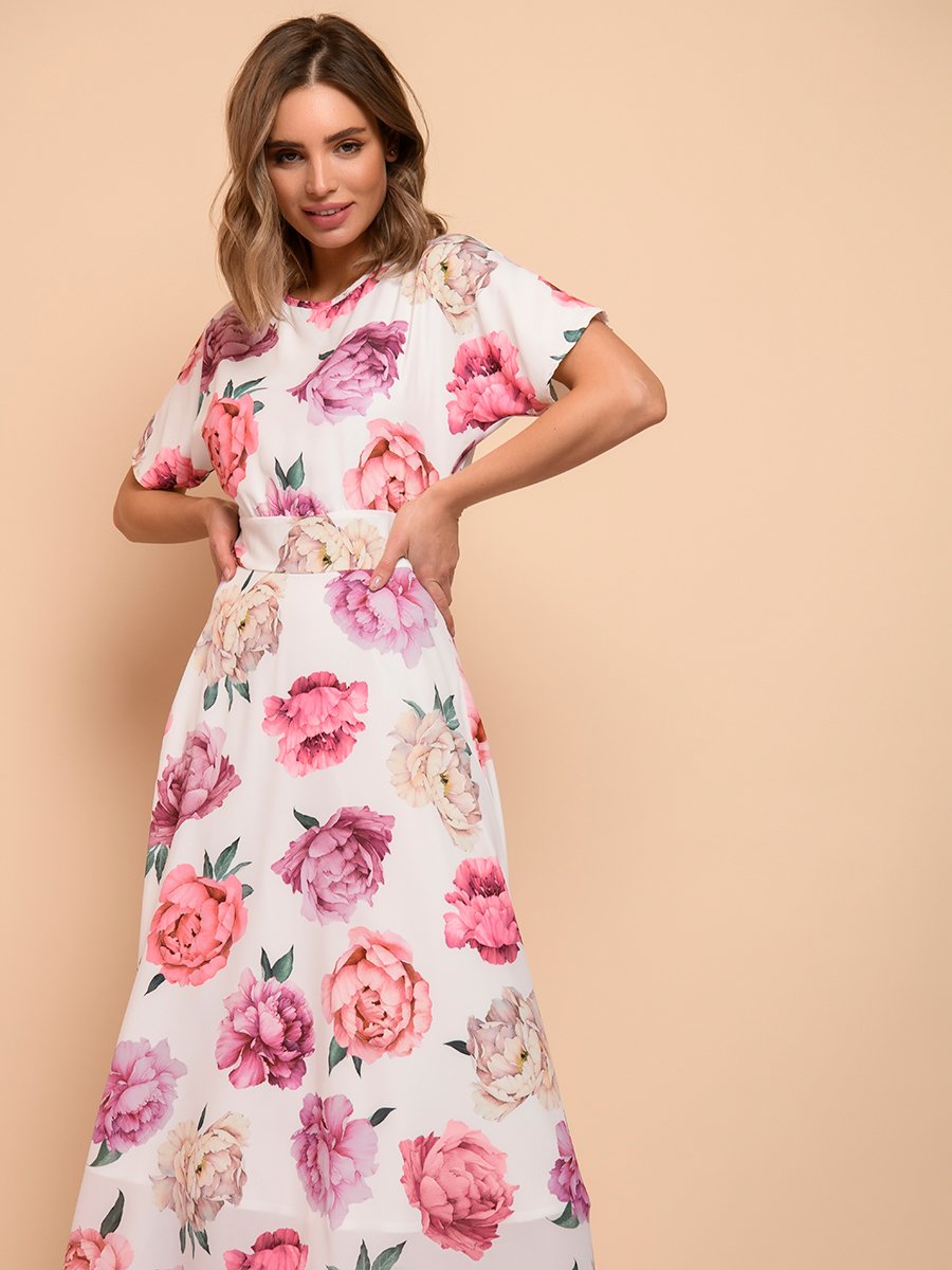 Платье белое с цветочным принтом и короткими рукавами 1001DRESS арт.0132101-02440WP оптом_фото3