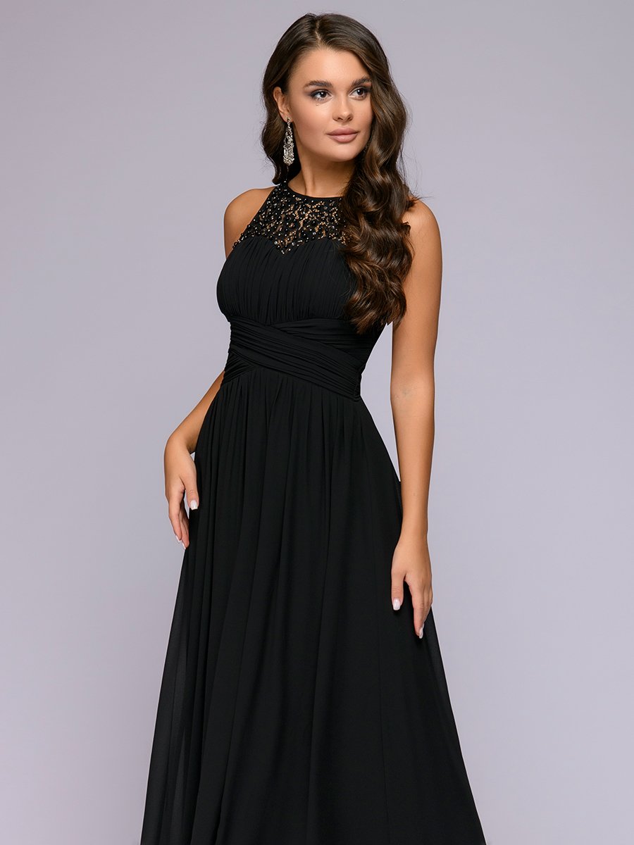 Платье черное длины макси с жемчужной отделкой 1001DRESS арт.0122001-30111BK оптом_фото1