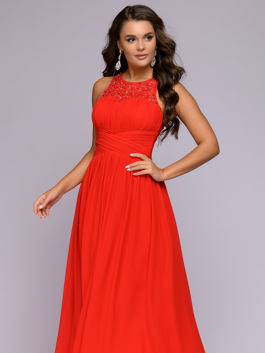 Платье красное длины макси с жемчужной отделкой 1001DRESS арт.0122001-30111RD оптом_фото1