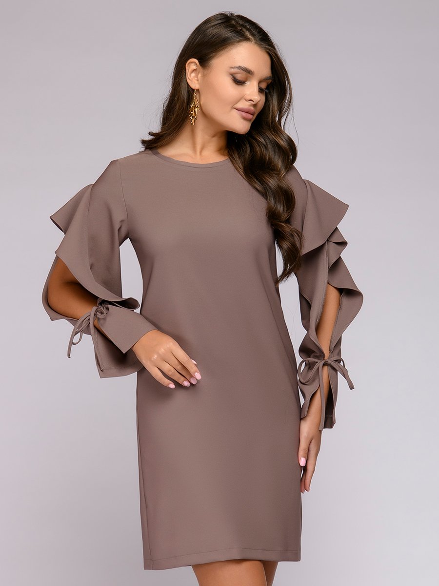 Платье бежевое с оригинальными рукавами 1001DRESS арт.0122001-02335BG оптом_фото1