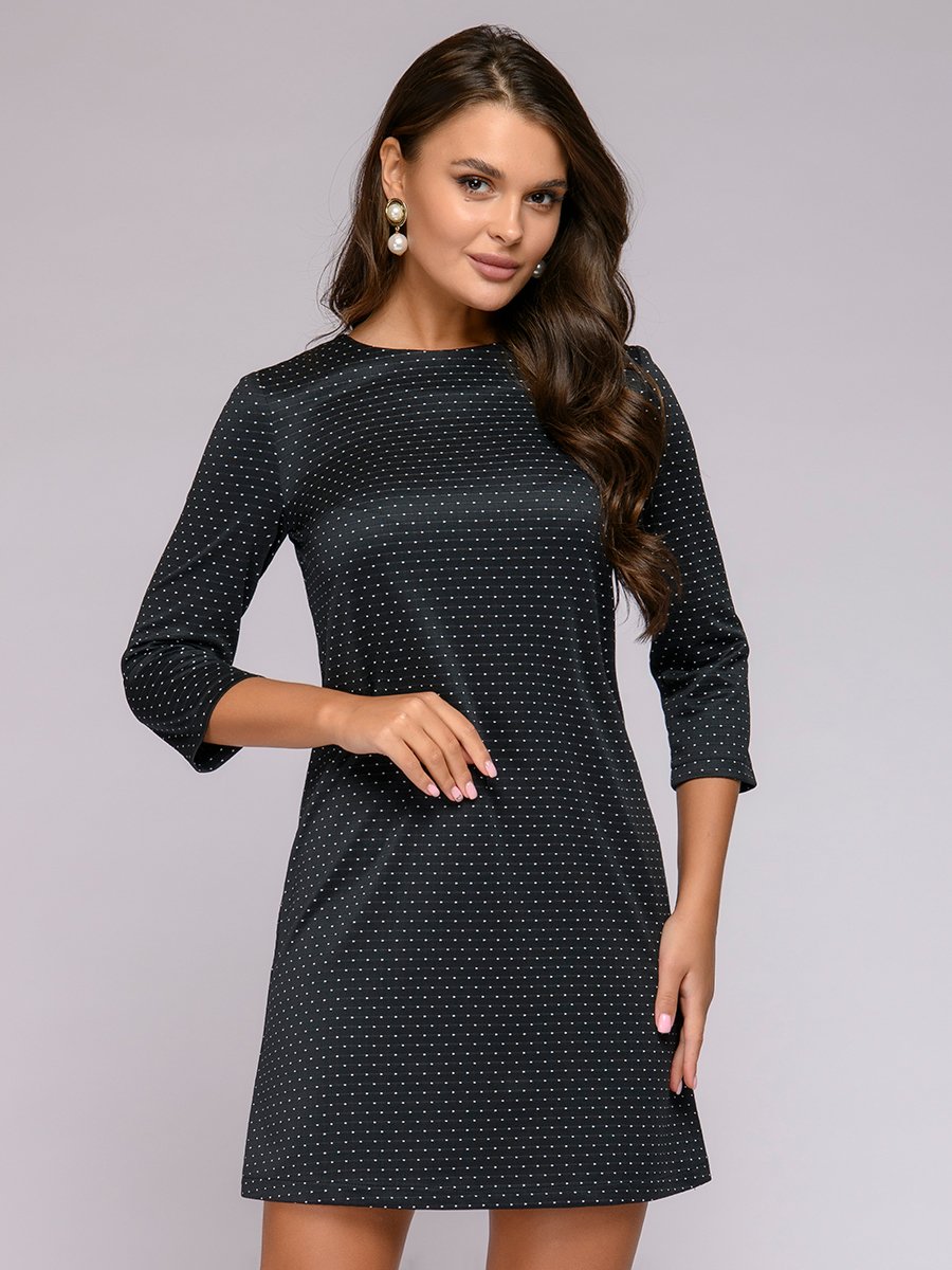 Платье длины мини черное в горошек с рукавами 3/4 1001DRESS арт.0122001-02198BK оптом_фото1