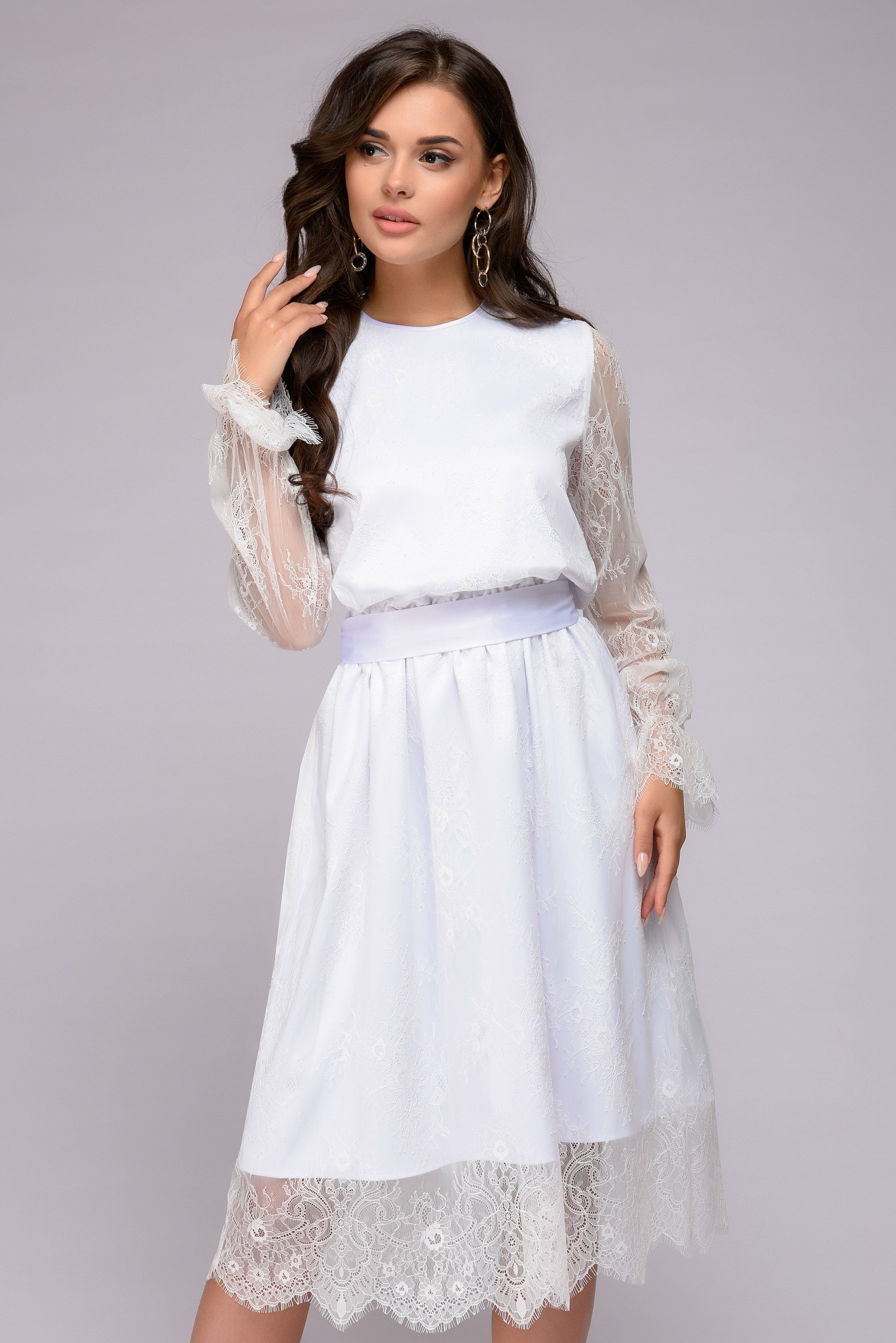 Платье белое кружевное длины миди с длинными рукавами 1001DRESS арт.DM01213WH оптом_фото4