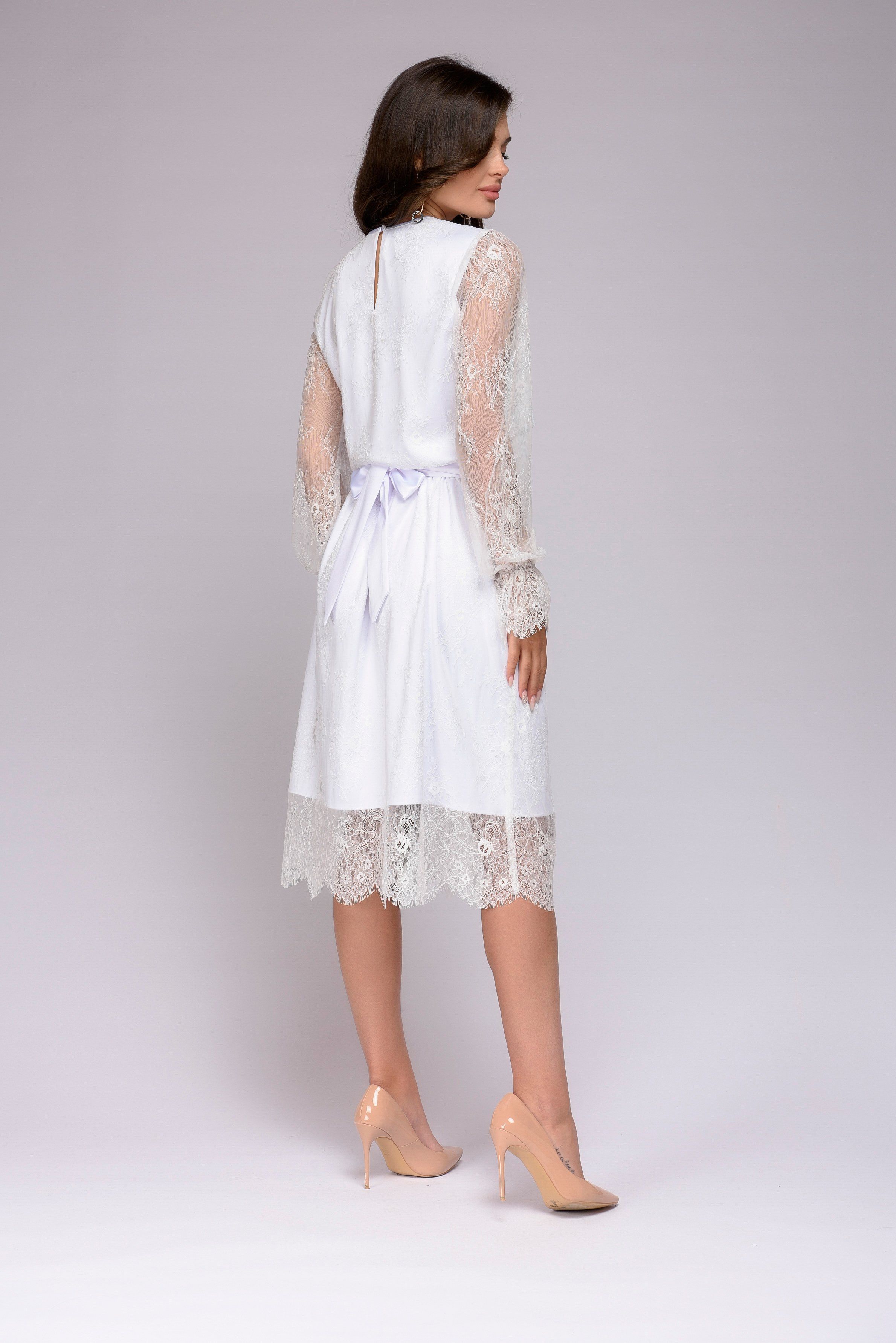 Платье белое кружевное длины миди с длинными рукавами 1001DRESS арт.DM01213WH оптом_фото3