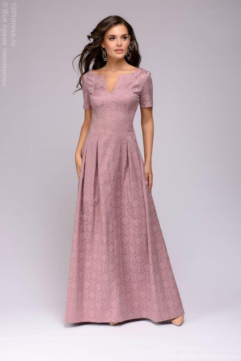 Платье цвета пыльной розы длины макси с вырезом на груди и короткими рукавами 1001DRESS арт.DM00383SP оптом_фото1
